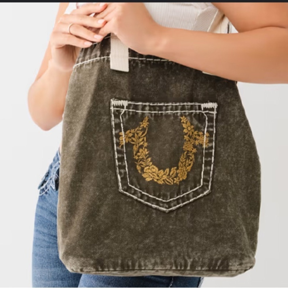 True Religion Olive Green Tote Bag with Gold Embroidery NWT - Picture 2 of 7